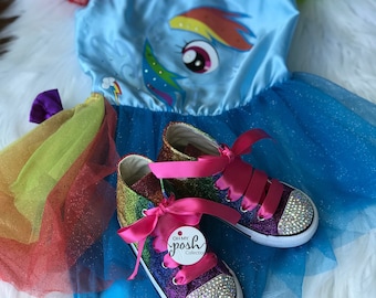 Rainbow Dash Costume - My Little Pony Inspired Rainbow Birthday, Rainbow High Top Shoes and Costume Dress Set, Halloween Little Pony Costume