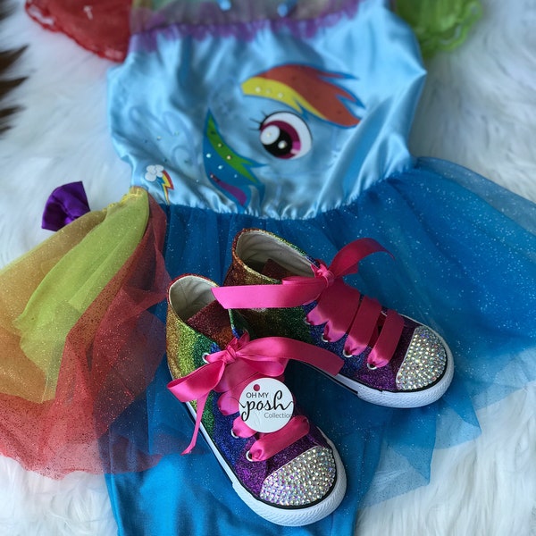 Rainbow Dash Costume - My Little Pony Inspired Rainbow Birthday, Rainbow High Top Shoes and Costume Dress Set, Halloween Little Pony Costume