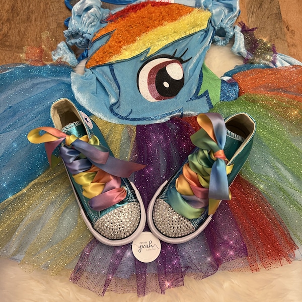Girls Rainbow Dash Costume - My Little Pony Inspired Rainbow Birthday, Rainbow High Top Shoes and Costume Dress Set, Little Pony Costume