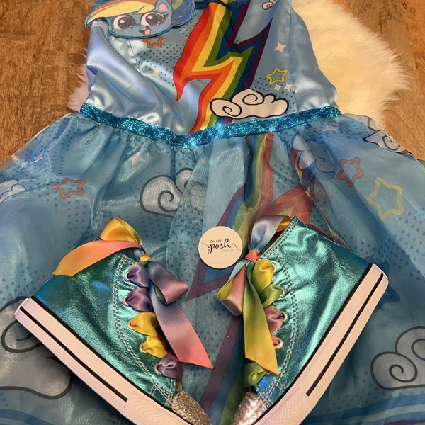 Rainbow Dash Costume - My Little Pony Inspired Rainbow Birthday, Rainbow High Top Shoes and Costume Dress Set, Halloween Little Pony Costume