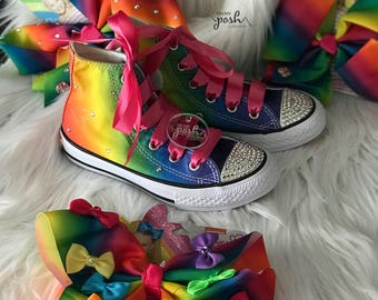 Gifts for kids Rainbow Custom Rhinestone Converse Shoes and Hair Bow Set Birthday