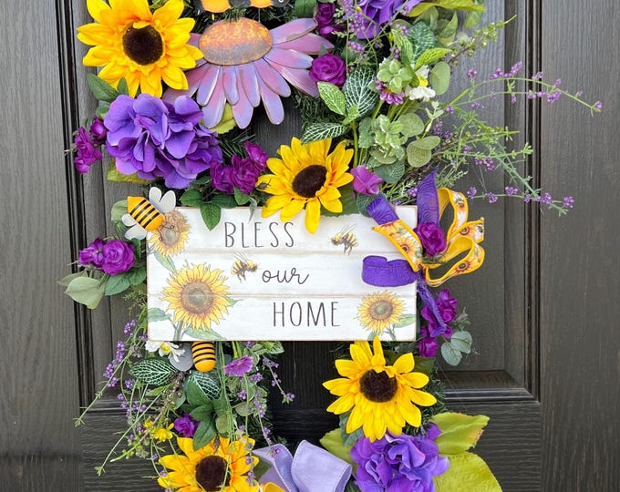 Featured listing image: Sunflower wreath, Autumn sunflowers, Bumble bee decor, Fall evergreen swag, Yellow and Purple florals, Bless our home door wreath