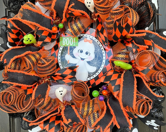 Featured listing image: Lighted Ghost Wreath, Halloween Ghost, Ghost mesh wreath, Friendly Ghost, Phantom Decoration, Apparition Wreath, Wreath Vine Designs