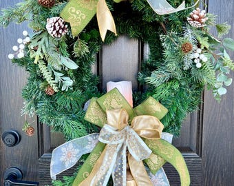 Winter wreath, Holiday Wreath, Everyday Grapevine Wreath, Oversized Wreath, Lighted Grapevine, Evergreen  Gold Wreath, Vintage Winter Wreath