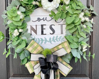 Everyday Door wreath, Spring and Summer Door Decor, Minimalist Door Wreath, Welcome to our Nest, Grapevine Wreath, Persian windflower Wreath