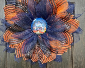 Halloween Flower Wreath, Slim Halloween Wreath, Spooky Door Decor