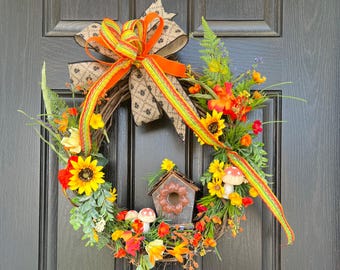 Woodland door wreath, Birdhouse Decor, Cottage Wreath, Multi wildflowers, Grapevine wreath, Floral grapevine wreath, Country floral wreath
