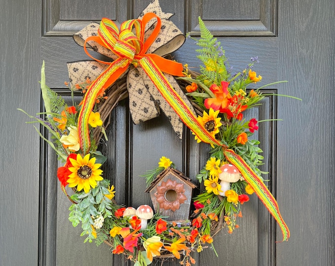 Featured listing image: Woodland door wreath, Birdhouse Decor, Cottage Wreath, Multi wildflowers, Grapevine wreath, Floral grapevine wreath, Country floral wreath