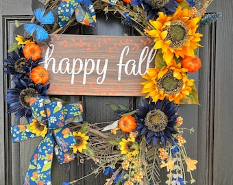Fall grapevine wreath, Blue and Yellow Autumn Decor, Welcome Fall Sign, Blue and Yellow sunflowers,