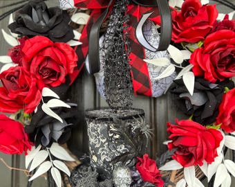 Gothic Halloween Wreath: Red & Black Roses, Spiderweb Hat