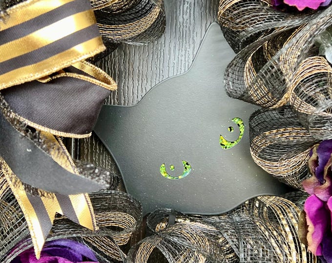 Featured listing image: Halloween Door wreath, Spooky Cat Wreath, Halloween Cat wreath, Black cat Door Wreath, Halloween Cat, Cat Door Wreath