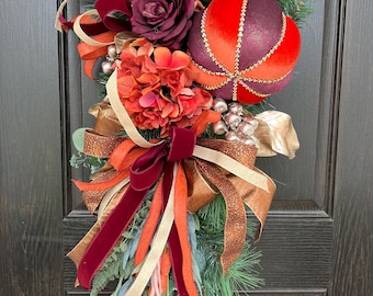 Orange and Burgundy Autumn Swag, Fall evergreen Swag, Pumpkin Fall Door Swag, Large Custom Autumn Swag, Mark Robert’s Pumpkin
