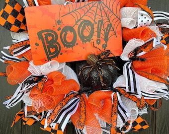 Halloween Wreath, Boo Pumpkin Door Wreath, Halloween Mesh Wreath,