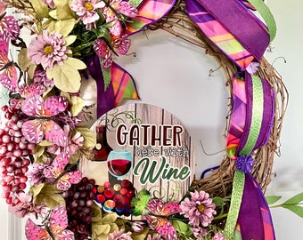 Tuscany Wine Decor, Purple wine wreath, Butterfly and wine wreath, Purple floral grapevine, Grapes and flowers Wreath, Wine door decor