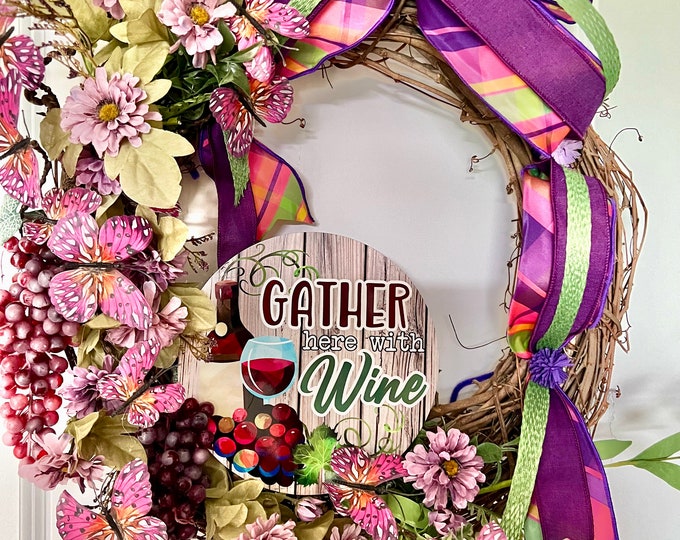 Featured listing image: Tuscany Wine Decor, Purple wine wreath, Butterfly and wine wreath, Purple floral grapevine, Grapes and flowers Wreath, Wine door decor