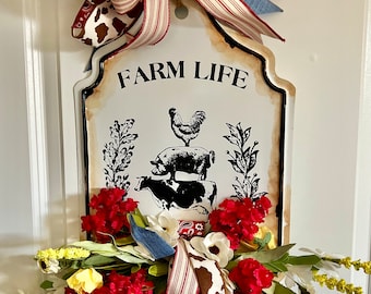 Farmhouse Door Wreath, Country Door Hanger, Country Decor, Door Hanger, Rustic Decor, Farm door hanger, Front door decor, Floral decor