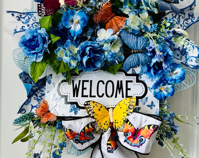 Featured listing image: Blue Butterfly Wreath, Butterfly Gift, Blue Floral Wreath, Everyday Wreath, Summer Birthday Gift, Butterfly Door Wreath, Housewarming Gift