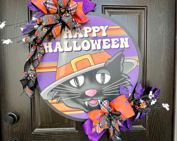 Featured listing image: Halloween Door Hanger, Halloween Cat, Black Cat, Happy Halloween Cat, Halloween Door Decoration, Halloween Wall art