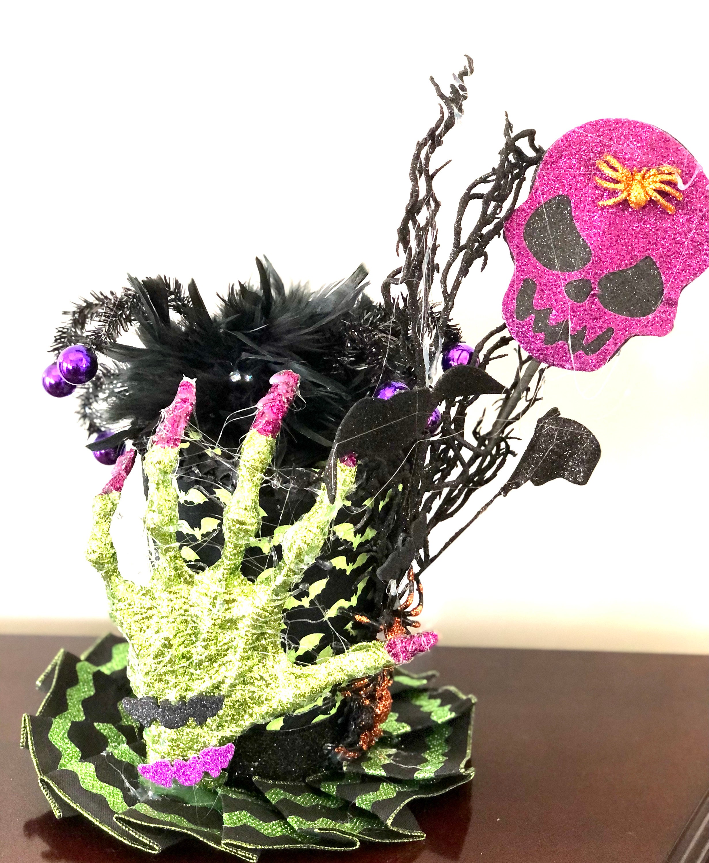 Halloween Skeleton Centerpiece, Ghoulish Decor, Halloween Hat, Spider