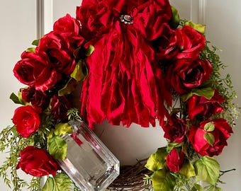 Red roses Birthday gift, friendship wreath, Red roses, Rag bow grapevine wreath, Diamond gem Decor, Birthday gift for her