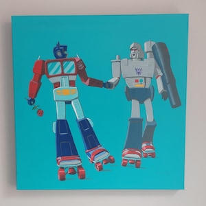 Puede incluir: Un robot azul y rojo con un pecho amarillo y un robot azul y gris con un pecho morado se encuentran sobre patines sobre un fondo turquesa. Los robots se están dando la mano.