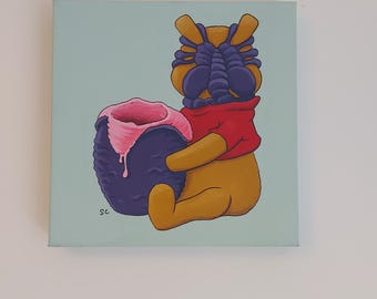 May include: A cartoon Winnie the Pooh character with an alien face holding a purple and pink alien egg. The background is light blue.