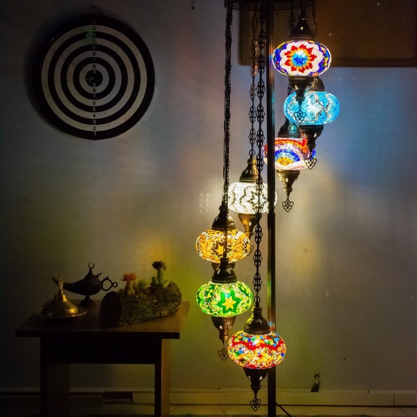 7 Globe Turkish Floor Lamp: Handmade Mosaic Stained Glass Bohemian Decor