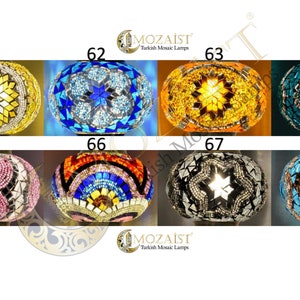 May include: Ten round mosaic glass lamps with different coloured and patterned designs. The lamps are numbered 61 through 68.