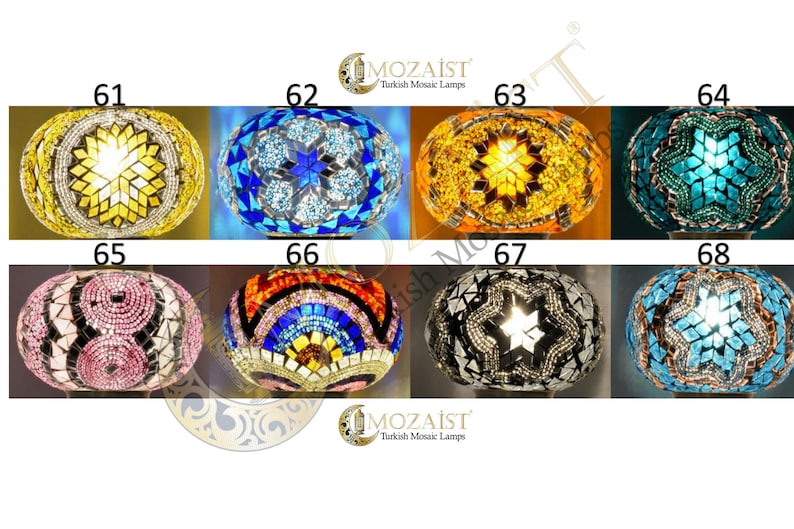 May include: Ten round mosaic glass lamps with different coloured and patterned designs. The lamps are numbered 61 through 68.
