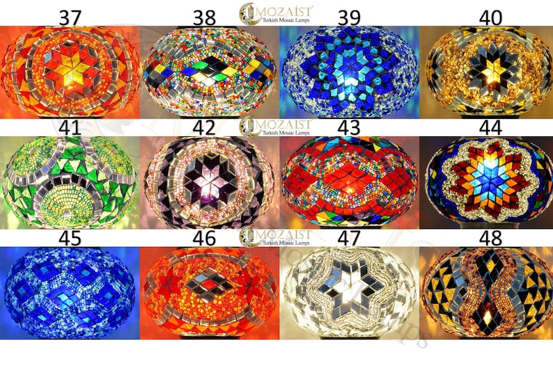 May include: A collection of 12 Turkish mosaic lamps, each with a unique design and colour scheme. The lamps are made of glass and feature intricate patterns of coloured glass pieces. The lamps are all lit and glowing, creating a warm and inviting atmosphere.