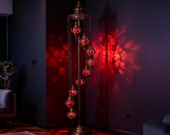 Mozaist 9-Globe- 71'', Red Turkish Mosaic Floor Lamp – Handmade Colorful Mosaic Light, Bohemian Decor,