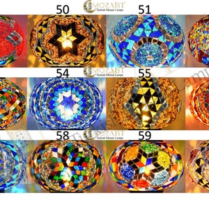 May include: Twelve different mosaic glass lampshades in various colours and patterns. The lampshades are round and have a textured surface. The lampshades are numbered 49 through 60.