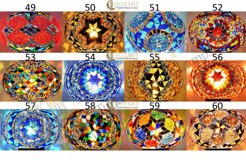 May include: Twelve different mosaic glass lampshades in various colours and patterns. The lampshades are round and have a textured surface. The lampshades are numbered 49 through 60.