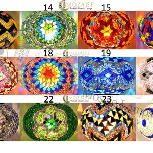 May include: A collection of 12 Turkish mosaic lamps, each featuring a unique and colourful pattern. The lamps are round and illuminated from within, showcasing the intricate mosaic tiles. The lamps are numbered 13 to 24.