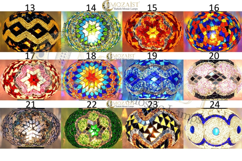 May include: A collection of 12 Turkish mosaic lamps, each featuring a unique and colourful pattern. The lamps are round and illuminated from within, showcasing the intricate mosaic tiles. The lamps are numbered 13 to 24.