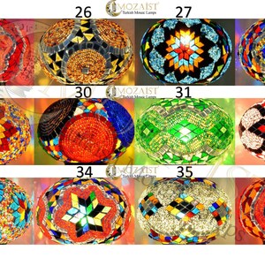 May include: Twelve colourful mosaic glass globe lamps with different patterns and designs. The lamps are numbered 25 through 36.