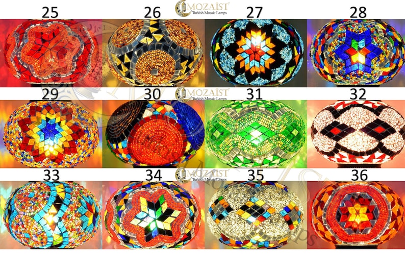May include: Twelve colourful mosaic glass globe lamps with different patterns and designs. The lamps are numbered 25 through 36.