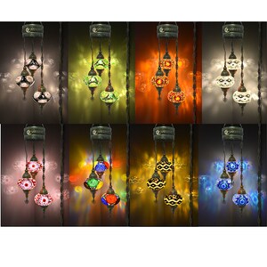 May include: A set of eight Turkish mosaic pendant lights with three hanging globes. The lights are shown in different colour combinations, including red, green, blue, yellow, and orange.