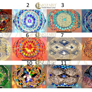 May include: Twelve Turkish mosaic lamps, each featuring a unique design and colour scheme. The lamps are round and display a variety of patterns, including geometric shapes, flowers, and stars. All the lamps are lit, with the light shining through the mosaic tiles, creating a beautiful effect.