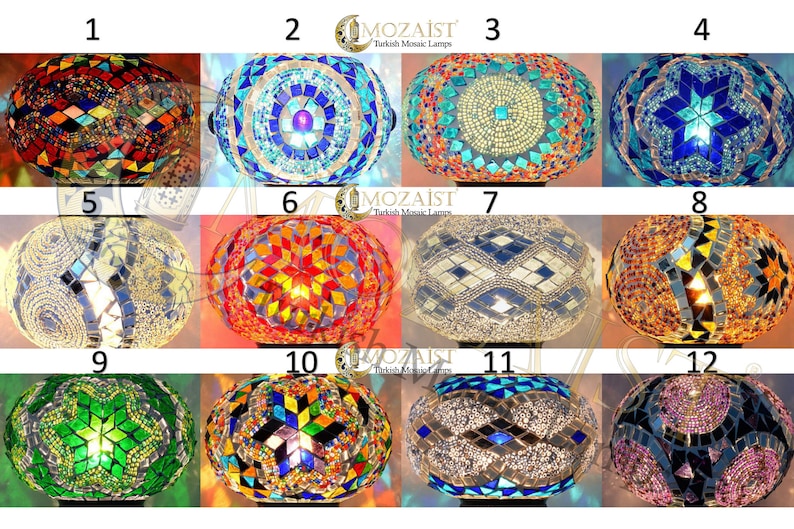 May include: Twelve Turkish mosaic lamps, each featuring a unique design and colour scheme. The lamps are round and display a variety of patterns, including geometric shapes, flowers, and stars. All the lamps are lit, with the light shining through the mosaic tiles, creating a beautiful effect.