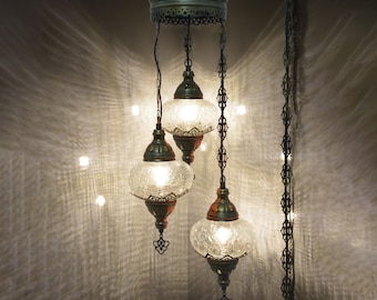 Turkish Mosaic Chandelier: 3-Globe Crackle Glass Pendant Lamp