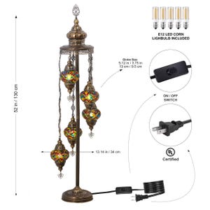 May include: A bronze-colored floor lamp with five colorful mosaic glass globes. The lamp is 52 inches (130 cm) tall and 13.14 inches (34 cm) wide. Includes E12 LED corn lightbulbs. Features an on/off switch and is UL certified.