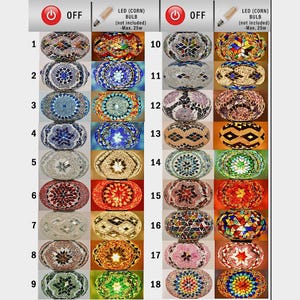 May include: A display of eighteen mosaic glass lamps in various colors and patterns. Each lamp has a unique design, with options for different color combinations. The lamps are oval-shaped and feature intricate mosaic tilework. The image also includes text that reads "OFF" and "LED (CORN) BULB (not included) -Max. 25w."