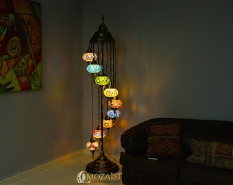 Turkish Mosaic Floor Lamp: 9 Globe Stained Glass Lighting