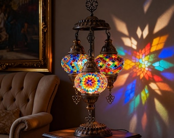 Handmade 3-Globe Turkish Mosaic Lamp: Boho Table Lamp