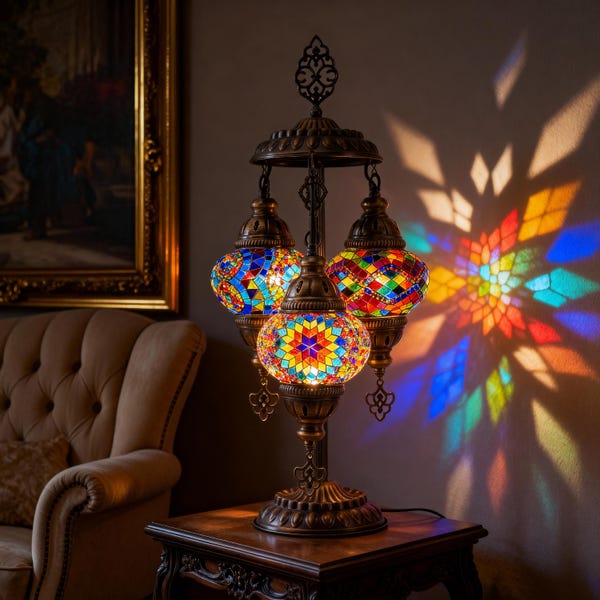 Handmade 3-Globe Turkish Mosaic Lamp: Boho Table Lamp