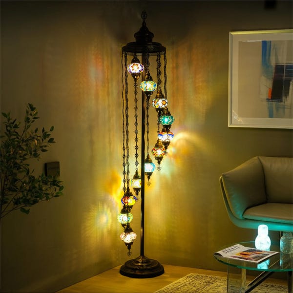 Customizable, Turkish Mosaic Floor Lamp,  5/7/9 Globe Moroccan Lamp, Handmade Boho Standing Light,