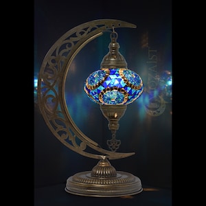 Mosaic Moon Table Lamp: Turkish Night Light, Antique Bronze