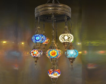 9 Globe Mosaic Chandelier: Turkish Bohemian Hanging Lamp