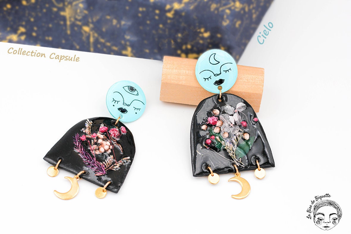 Big Earrings Characters And Moons Faces And Dried Flowers Etsy